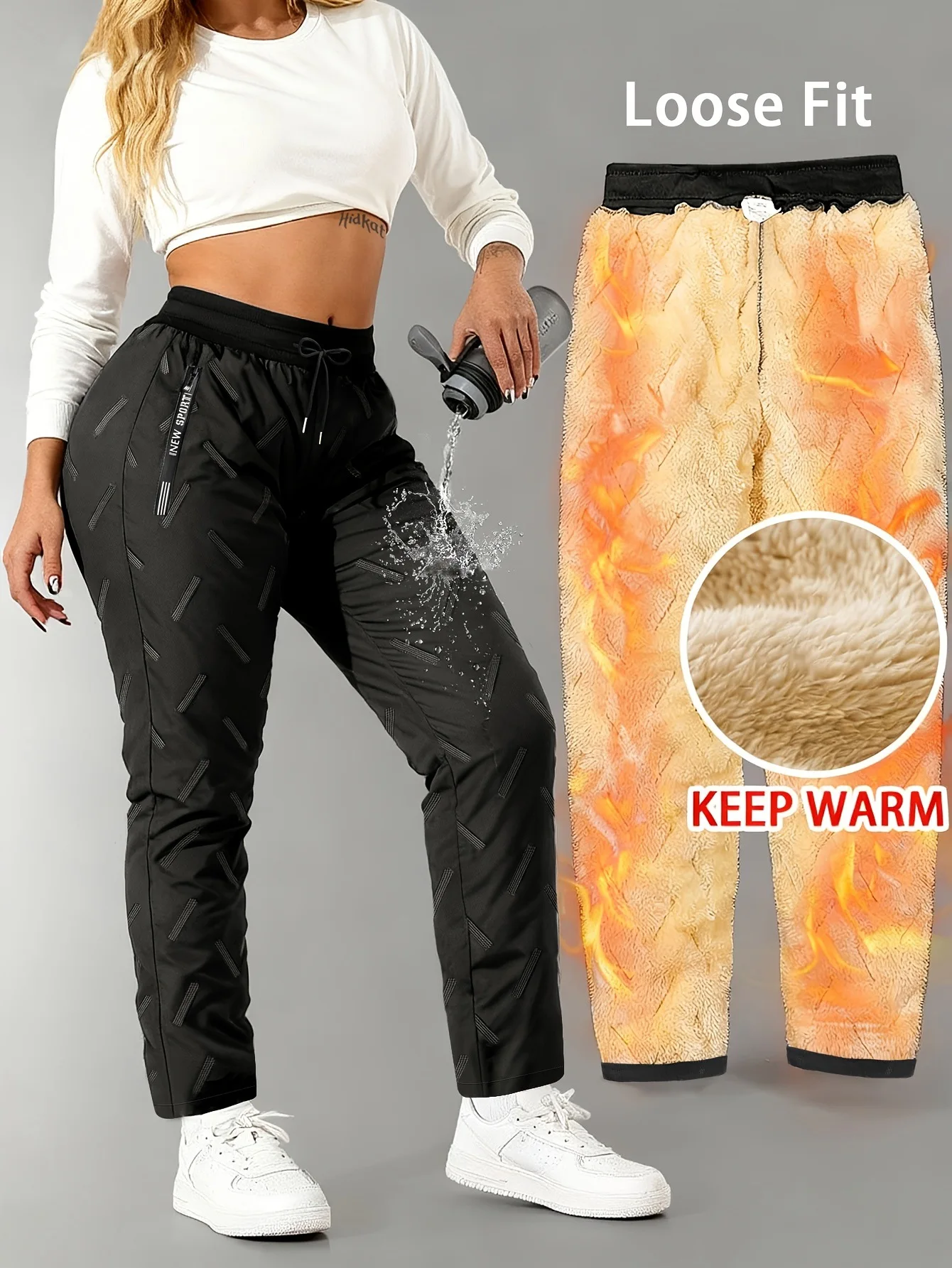 Damen-Fleece-Ultraschallhose mit Reißverschlusstaschen, warme Freizeithose für Herren, Winter, gefüttert, für kaltes Wetter, Thermohose für Herren. – Detail 2