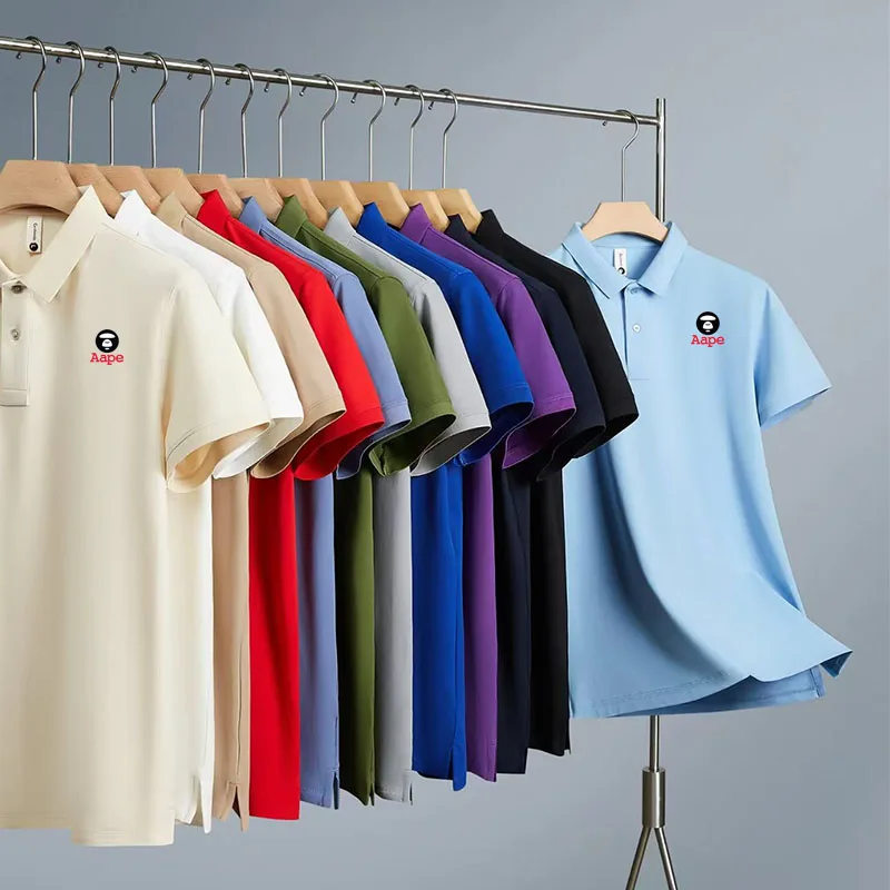Aape Brand Men's Short-Sleeved T-Shirt Featuring Spring/Summer Ape Emblem, Letter Print, Pure Color, Simple Collar, Polo Shirt