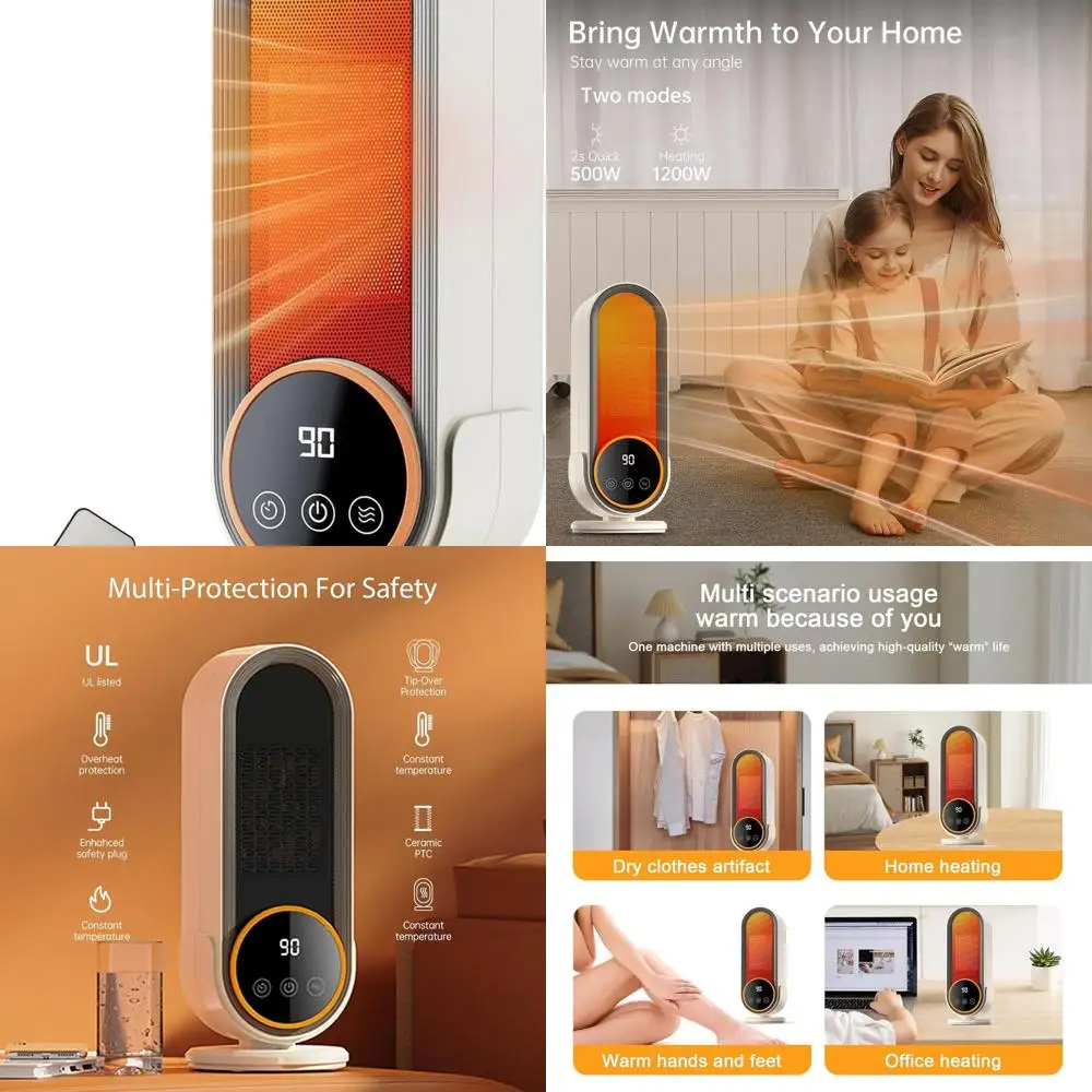 

1200W PTC Ceramic Space Heater - Energy-Saving Portable with Adjustable Thermostat, Remote, and Timer for Home/Office Use (White