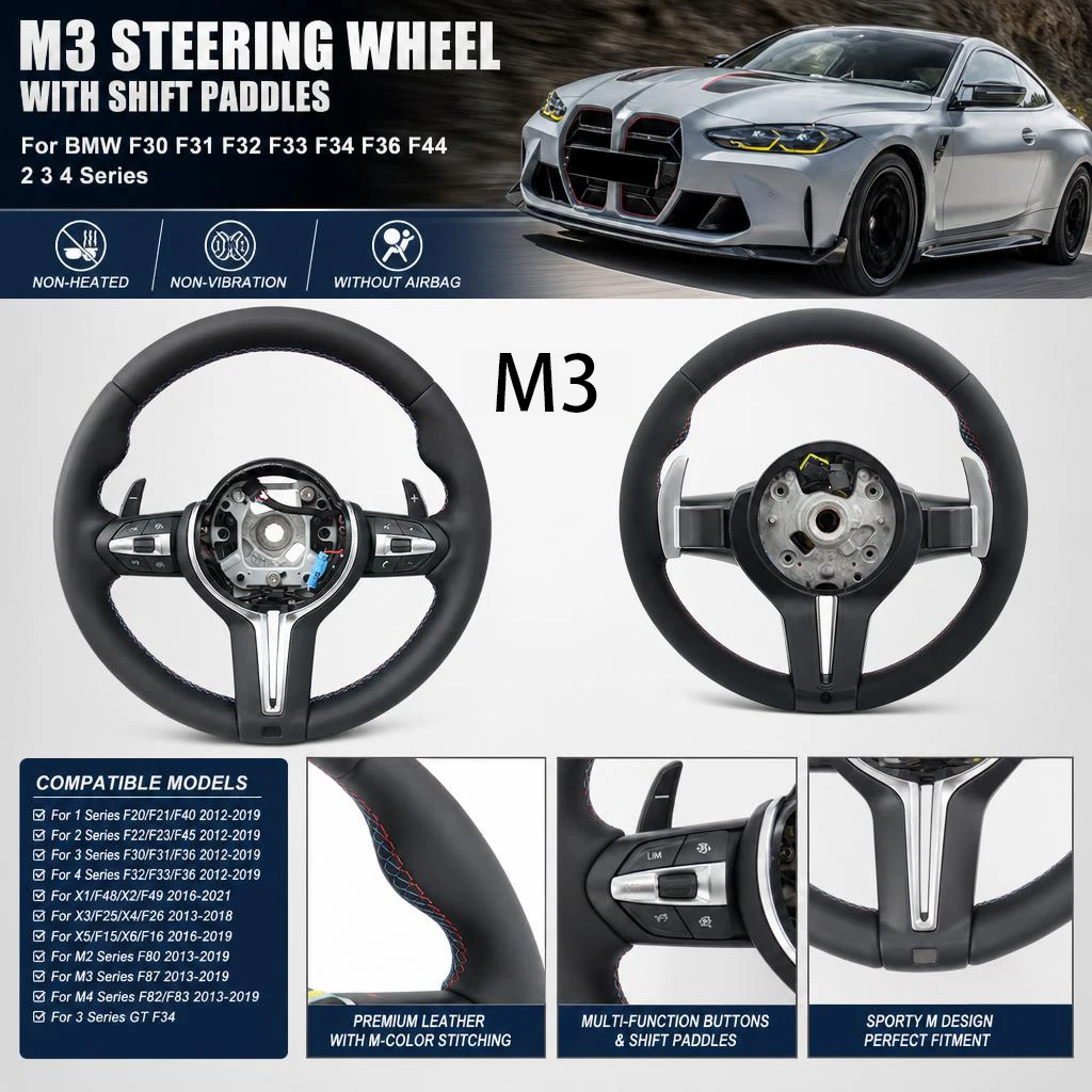 M3 Steering Wheel With Shift Paddles For BMW F30 F31 F32 F33 F34 F36 F44 2 3 4 Series Non-Heated Non-Vibration Without Airbag Sport Racing Steering Wheel