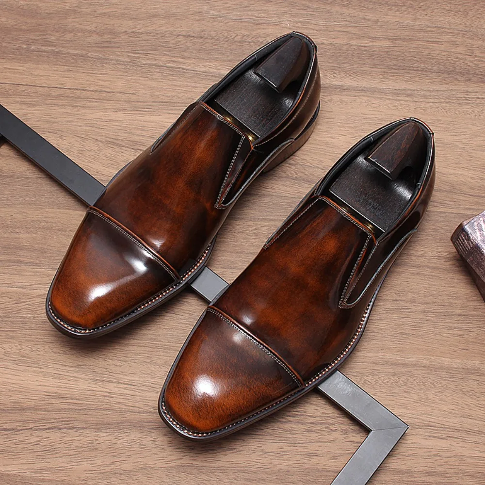 Classic Leather Shoes for Men Slip on Square Toe Oxfords Formal Wedding Party Office Business Casual Dress Shoes for Male