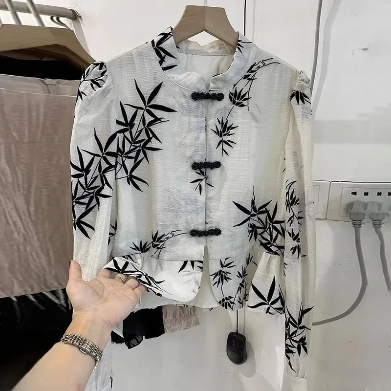 Shirts and Blouses Chinese Style Women's Fashion Long-sleeved Shirt With Buckle Design in National Wind and Bamboo  Print Coat