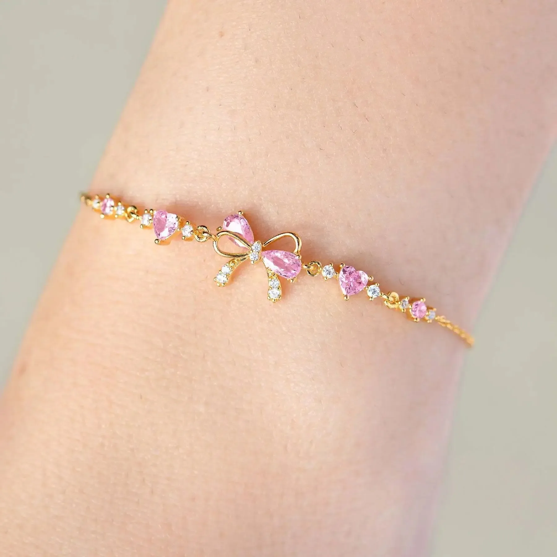

Y2K Exquisite Sweet Pink Zircon Bowknot Stainless Steel Love Heart Chain Bracelet for Women Girls Party Birthday Jewelry Gifts