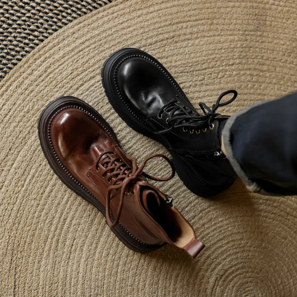 

Женские кожаные туфли в корейском ретро-стиле, весна 2026, с круглым носком, на шнуровке, для делового стиля