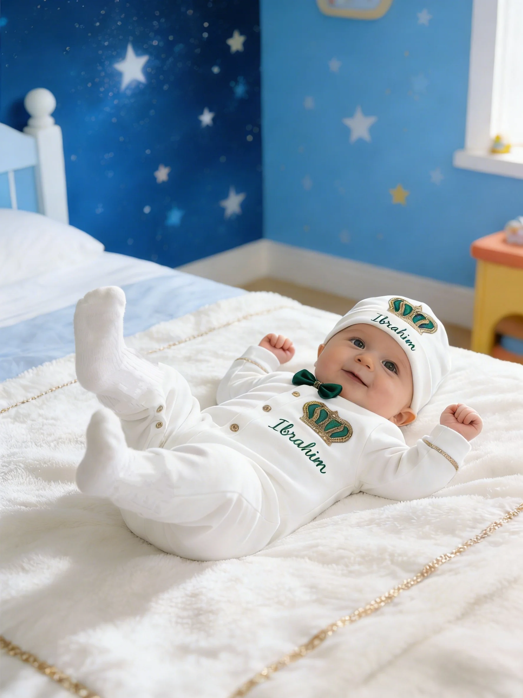 

Personalized Baby Crown Outfit Set - Embroidered Romper + Blanket + Shoes | Newborn Prince Gift