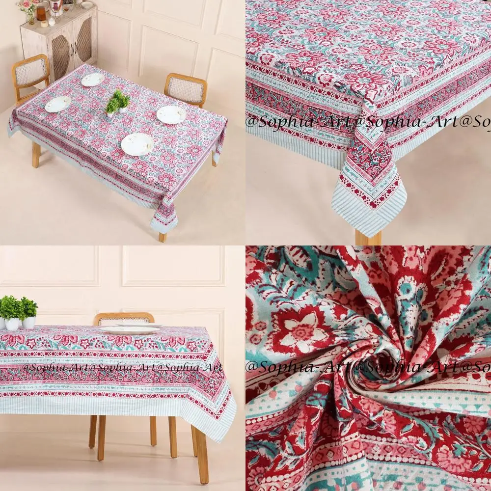 

Rectangular Outdoor Cotton Tablecloth for 12, Hand Block Printed, 72 x 135 Inch, Ideal for Patio, Camping, Holiday Parties, Mach