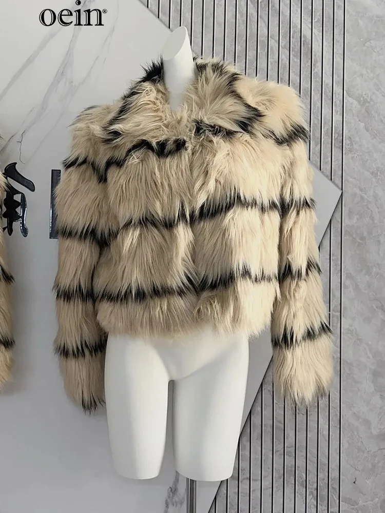 

[oein] 2024 Autumn New Striped Contrasting Environmentally Friendly Fur Coat Short Style, Loose Fur Coat Women