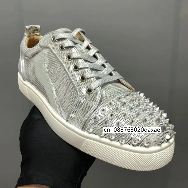 

European and American women's shoes, low cut men's shoes, silver nail lizard leather shoes, sports shoes, couple style, red sole