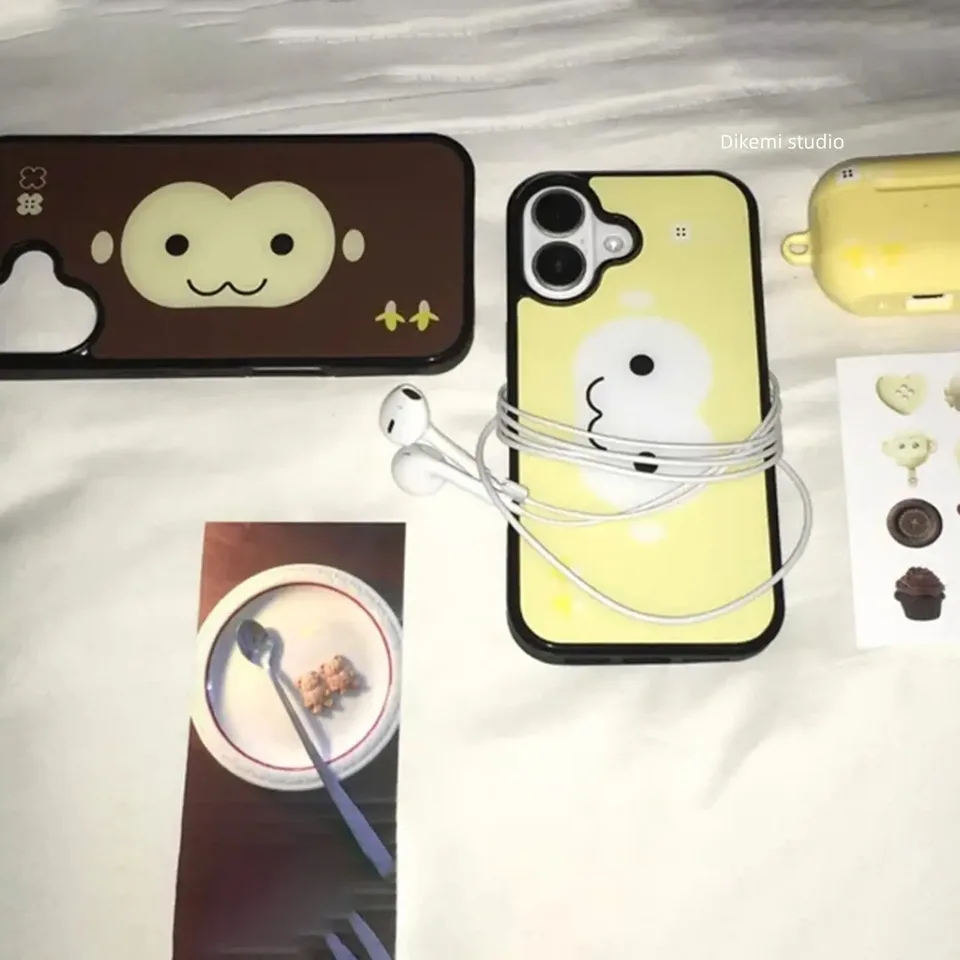 Funda de silicona a prueba de golpes con cara de mono marrón y amarilla, estilo coreano, para iPhone 17 Air 16 Pro Max 15 14 Plus 13 12 11 6