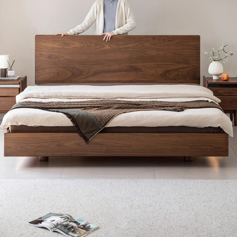 

Bed Solid wood suspended bed Black walnut Nordic master bedroom Japanese medieval 1.51.8 double bed Tatami