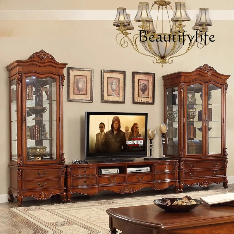 

American solid wood living room TV cabinet coffee table combination floor-to-ceiling large apartment European integrated wall