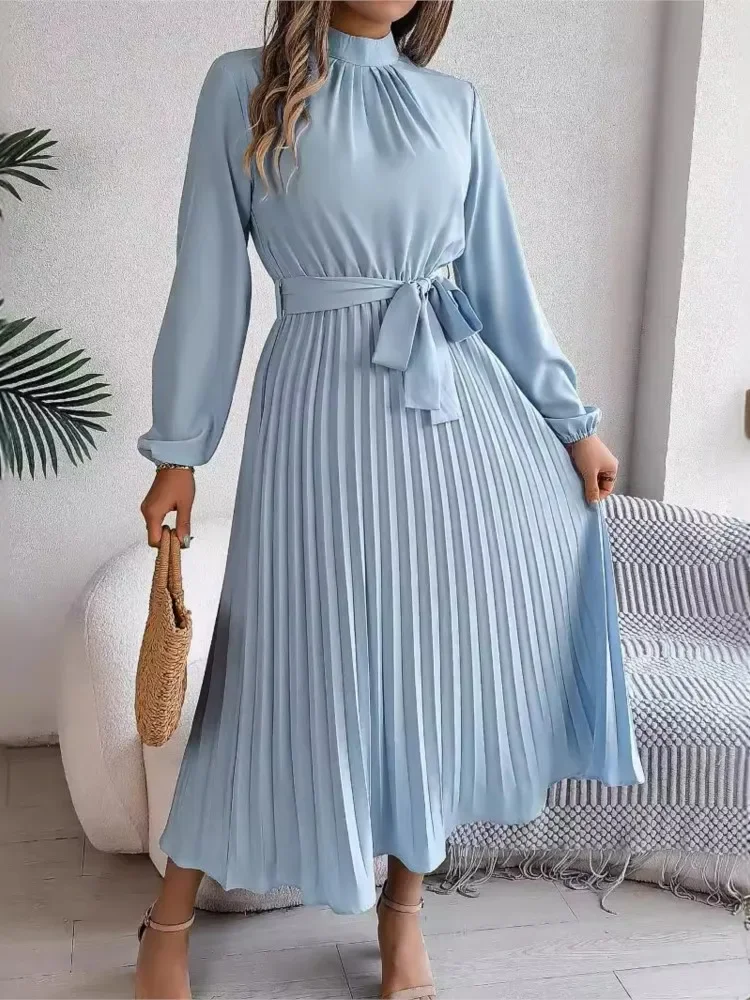 Nice Women's Long Dresses Summer Elegant Pleated Long Sleeveed Lace Up Dresses Beach Boho Wrap Ruffle Hem Swing Sundress