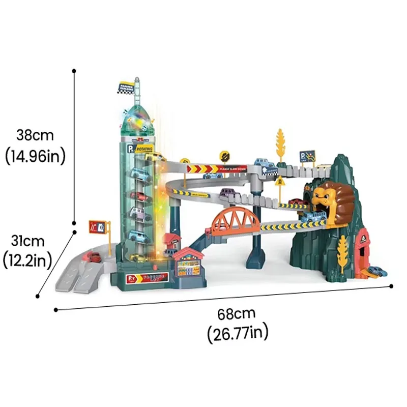 Parking de construcción para niños, seis capas con 8 coches, carril eléctrico, pista de juguete, juegos de carril de carreras de aventura, juguete para niños