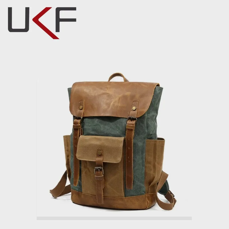 

UKF Men Backpack Waterproof Computer Laptop Bag Vintage Canvas Large Capacity Travel Backpacks Leather Male Backpack Mochila