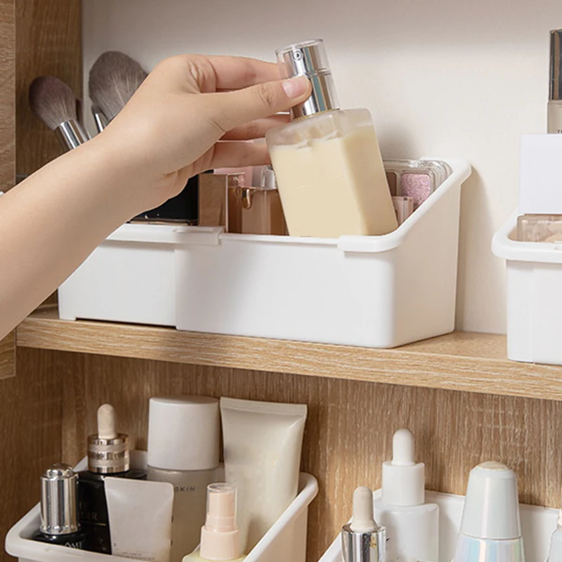 Extendable Mirror Vanity Organizer - Adjustable Compartment Desktop Storage Box with Built-in Mirror for Makeup & Skincare