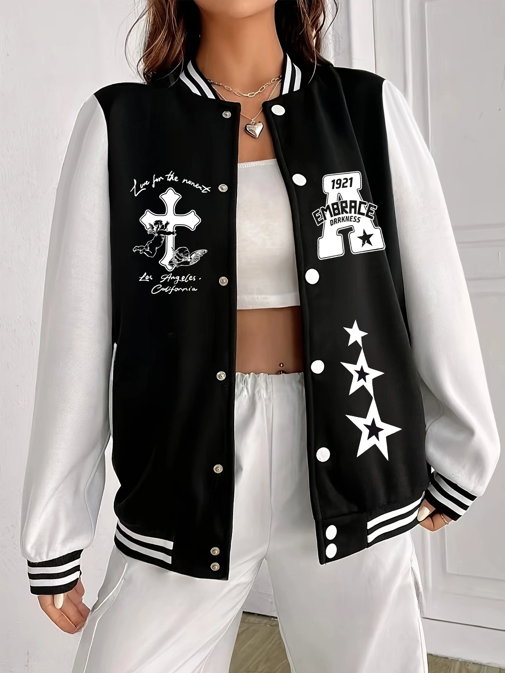 

1921 Embrace Drrkness A Printing Jackets Women Fashion Hip Hop Oversized Baseball Uniform Soft Coat American Autumn Clothes