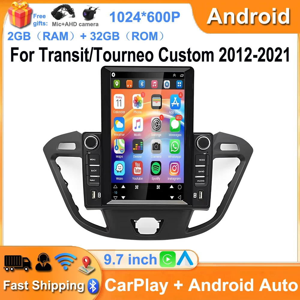 9.7inch Car Stereo Radio Player GPS Navi Head Unit with Android14 Carplay/Android Auto For Transit/Tourneo Custom 2012-2021