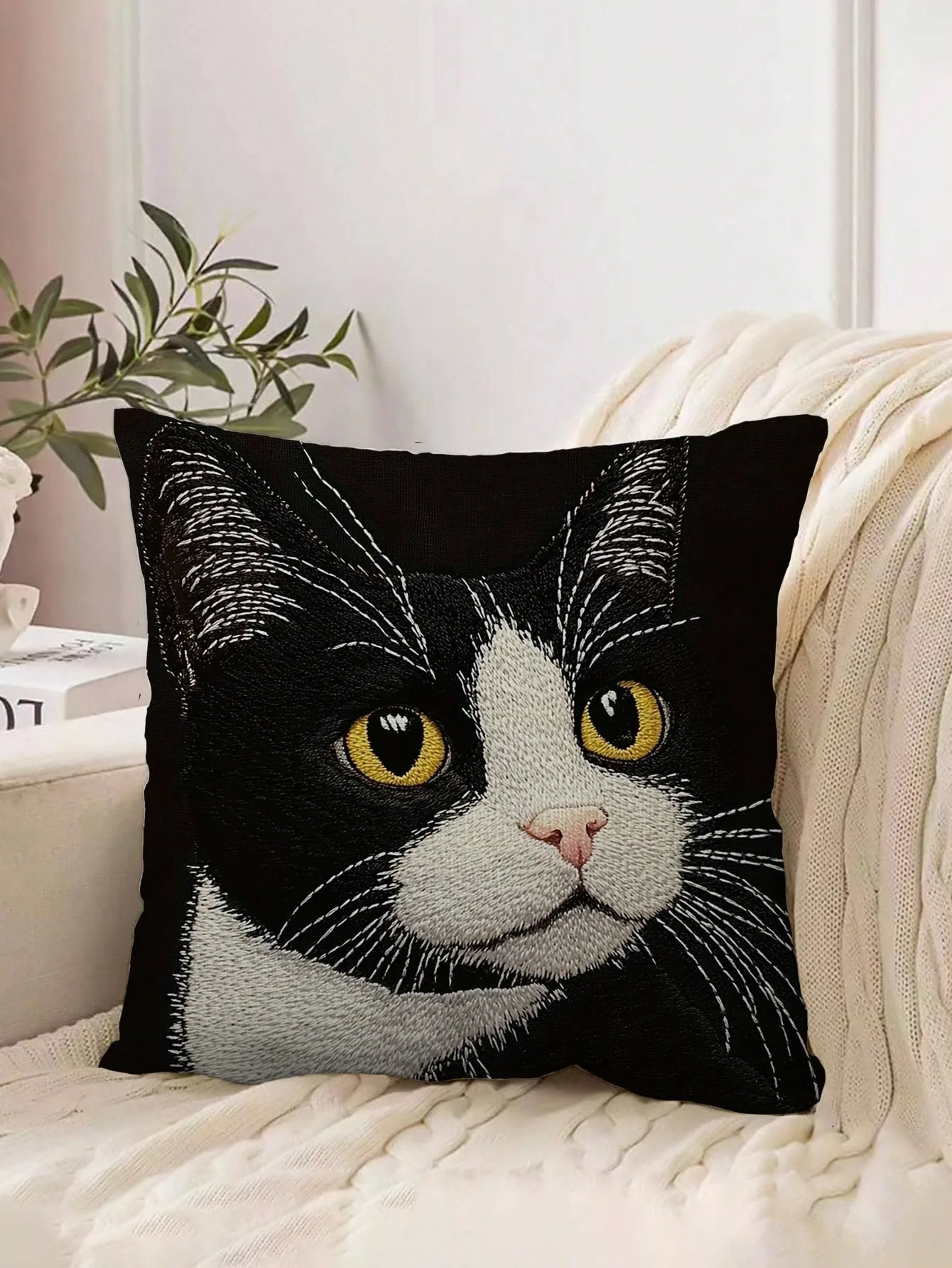 1pc Polyester Decorative Pillow Case, 18x18 Inch, Vintage Black&White Tuxedo Cat Print Pillow Cover, 100% Polyester