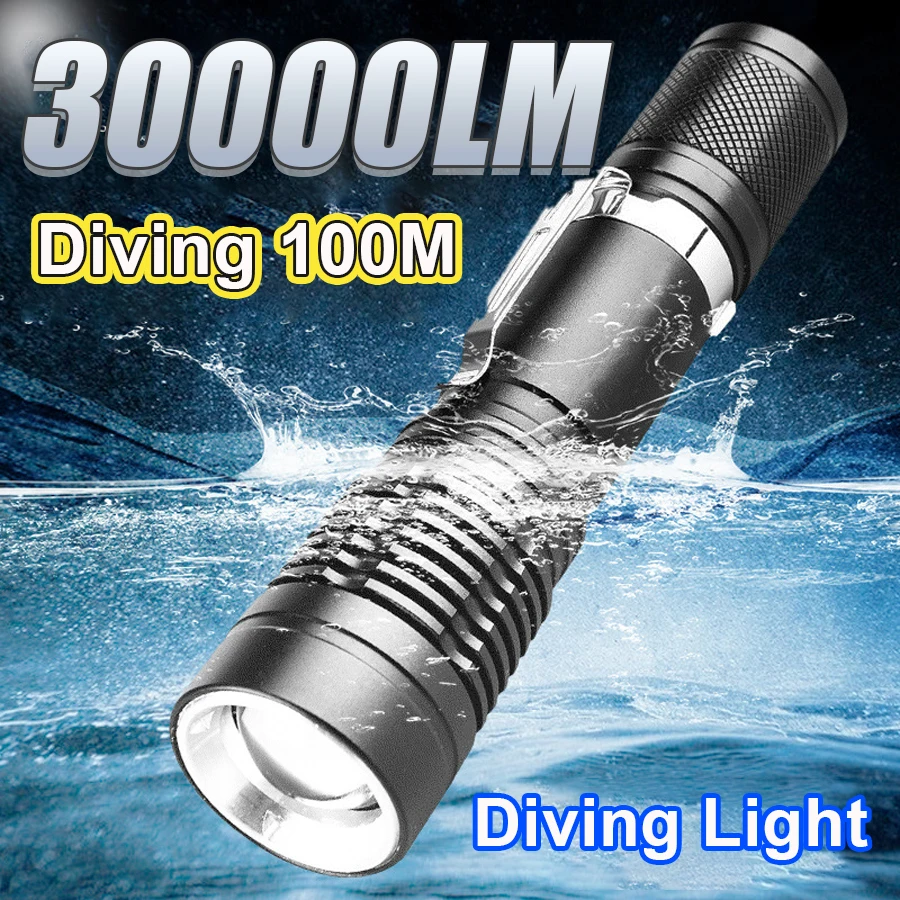 30000LM Professional Diving Flashlight IPX8 Waterproof Underwater Light 3 Modes Portable Lamp With Clip Super Bright Lantern