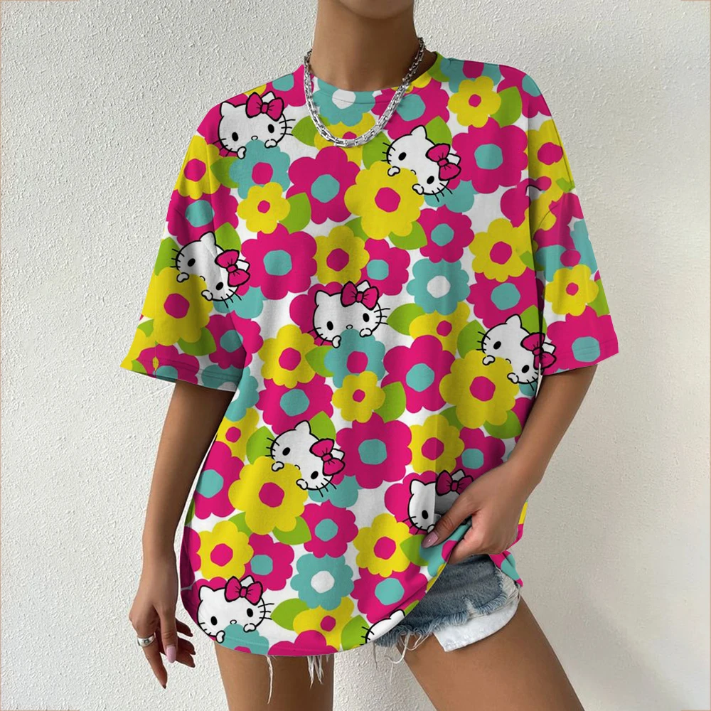 Hello Kitty para koszulka z krótkim rękawem damska modna odzież uliczna luźna koszulka Y2K millennium dziewczyna top