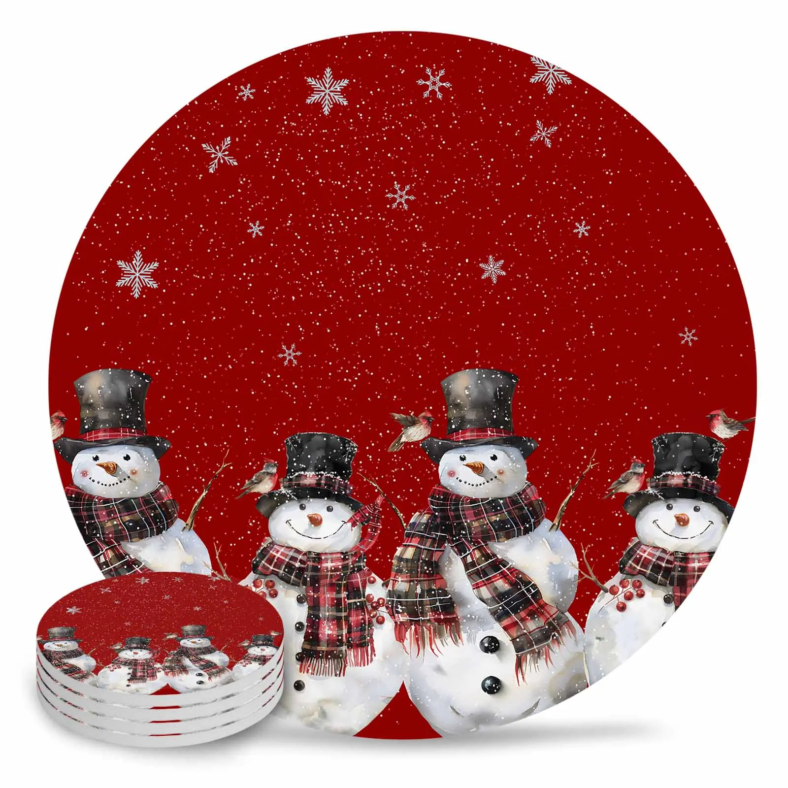 Snowman Cardinals Snowflakes Red Background Round Coaster Coffee Table Mats Kitchen Accessories Absorbent Ceramic Coasters