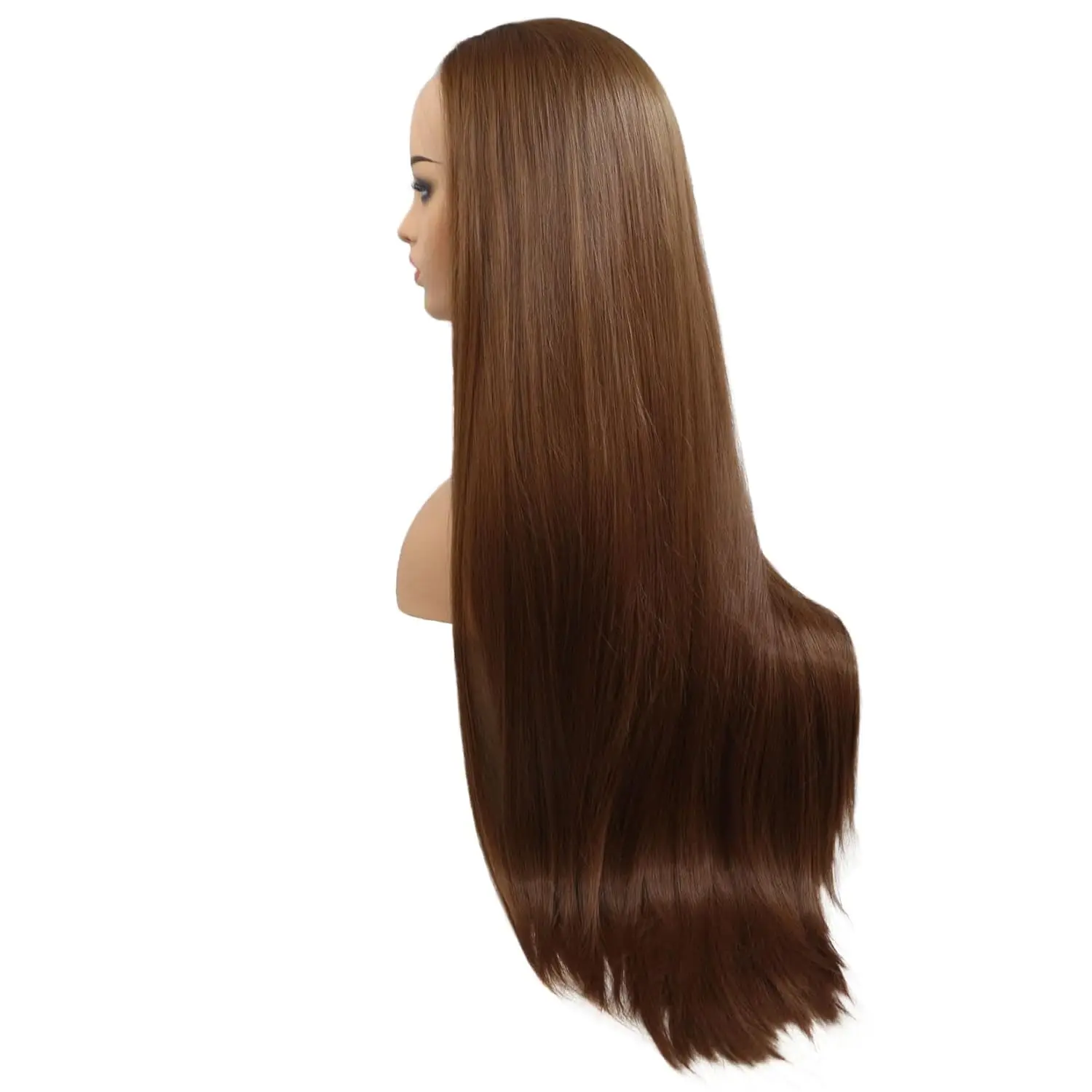 باروكات صناعية مستقيمة بدانتيل أمامي بني للنساء، ألياف مقاومة للحرارة، شعر مستعار طويل مستقيم، فراق متوسط #2