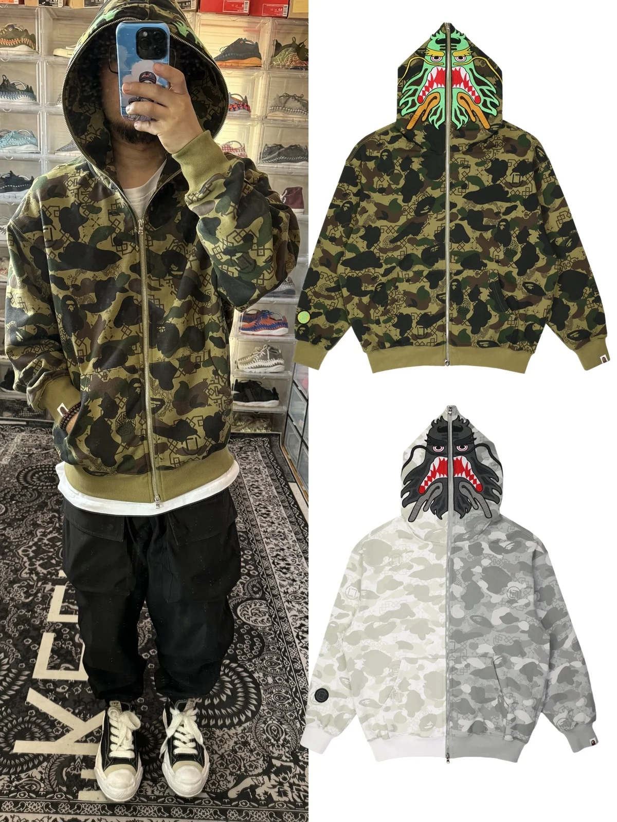 Jaqueta Camo com Capuz Junfan Chen Guo Xi para Homens, Estilo Solto, Zíper Completo, Bordado, Moda de Rua, Aquecida para Outo...