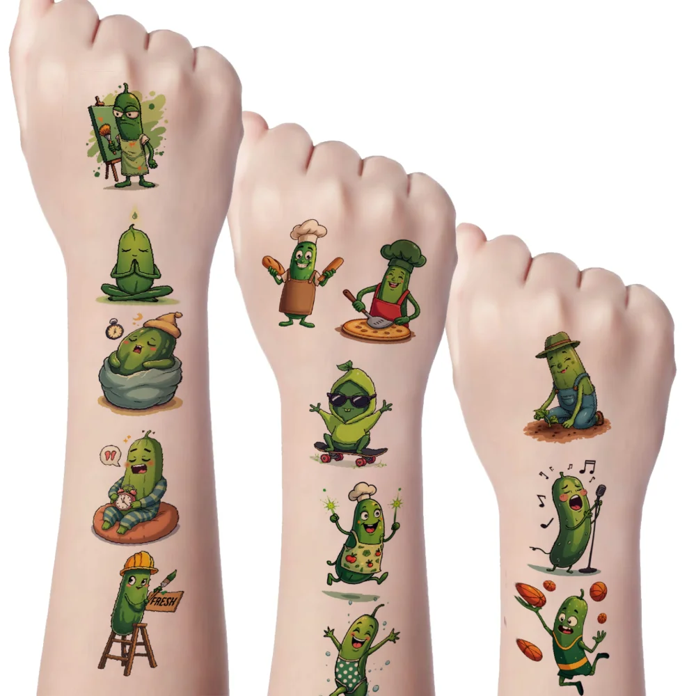 

54pcs Temporary Tattoo Cucumber Ballerina Waterproof Long-lasting Body Stickers Cucumber Magician Pickle Chef For Adults Boys