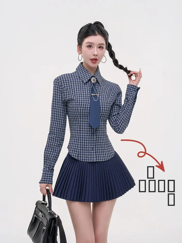 

Новинка 2025: Модный женский топ Slim Fit в клетку с длинным рукавом, воротником и завязками на талии, из смесового хлопка, осенняя коллекция