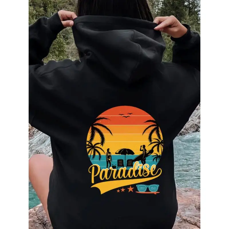

Women's Paradise Beach Hoodie Retro Sunset Palm Tree Graphic Pullover Casual Vacation Travel Loose Long Sleeve Sweatshirt
