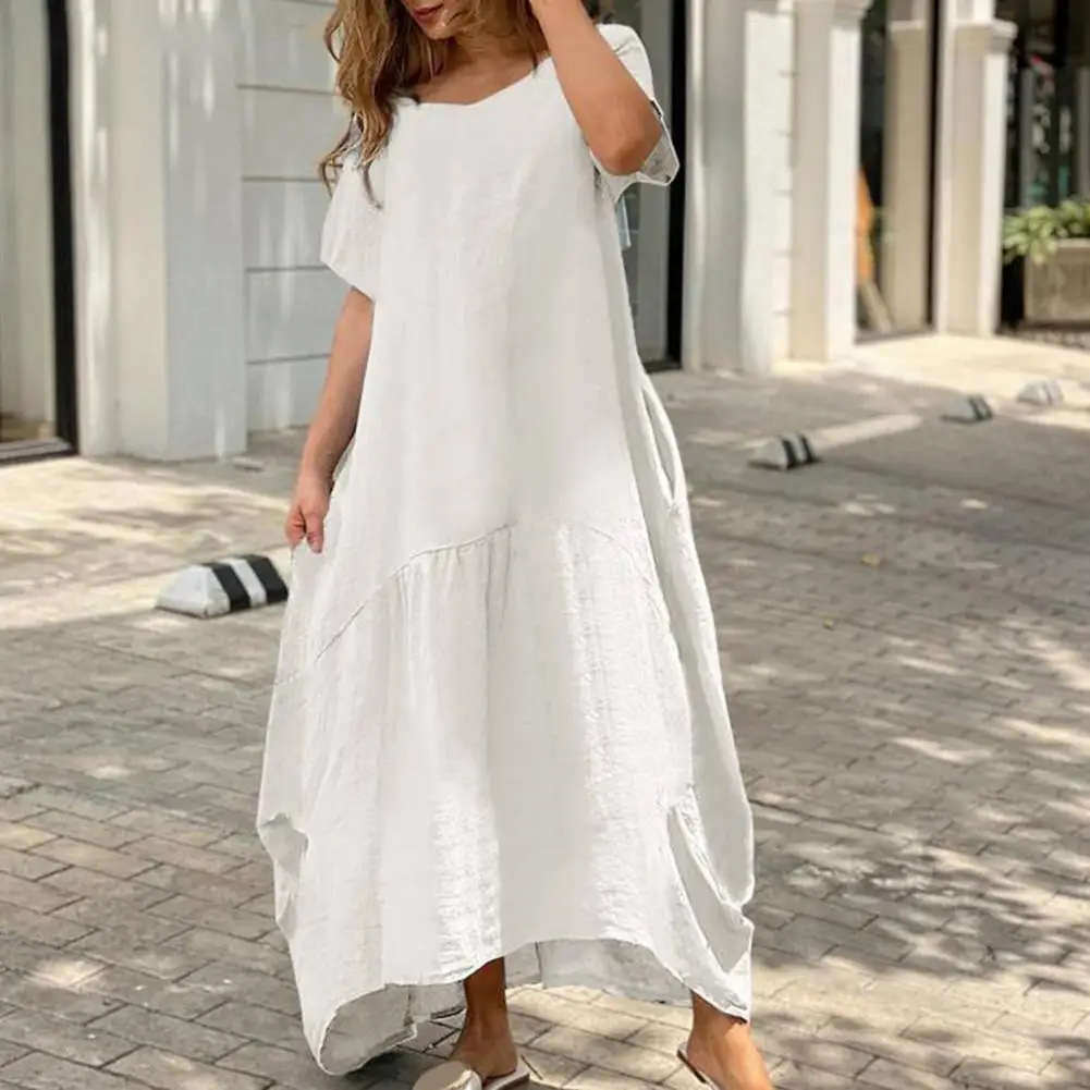 Beach Party Dress Oversized A-line Summer Dress Daily Clothes Women Dress Solid Color Loose Type O Neck Bie Hem Short Sleeves