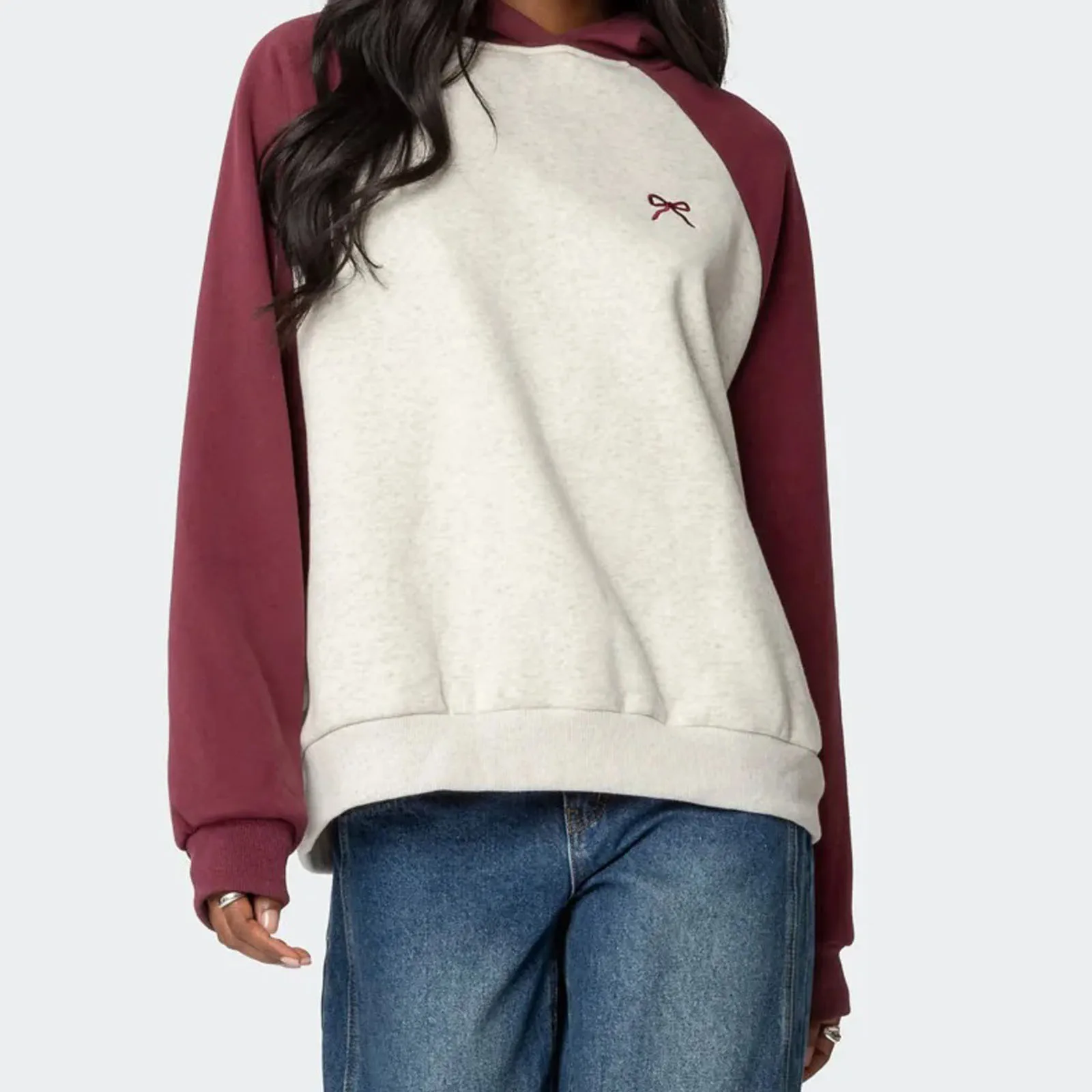 Women's Long Sleeve Contrast Color Raglan Hoodie Spring Fall Casual Hooded Sweatshirts Casual Pullover Tops Female Streetwear