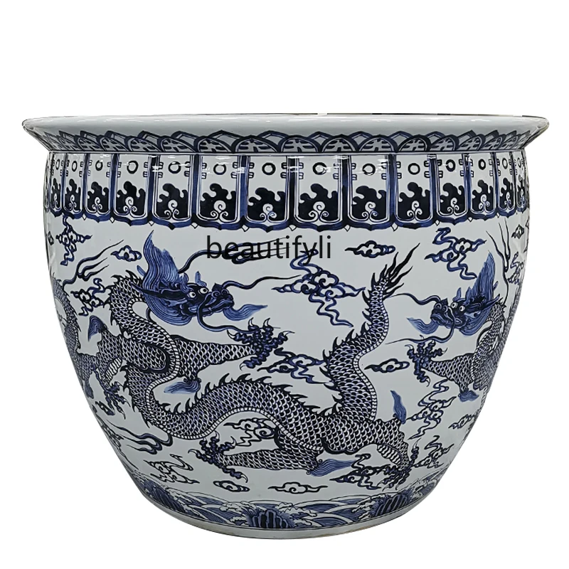 

Hand Painted Blue and White Dragon Pattern Jingdezhen Ceramic Large Aquarium Lotus Garden Tree Planting Pot