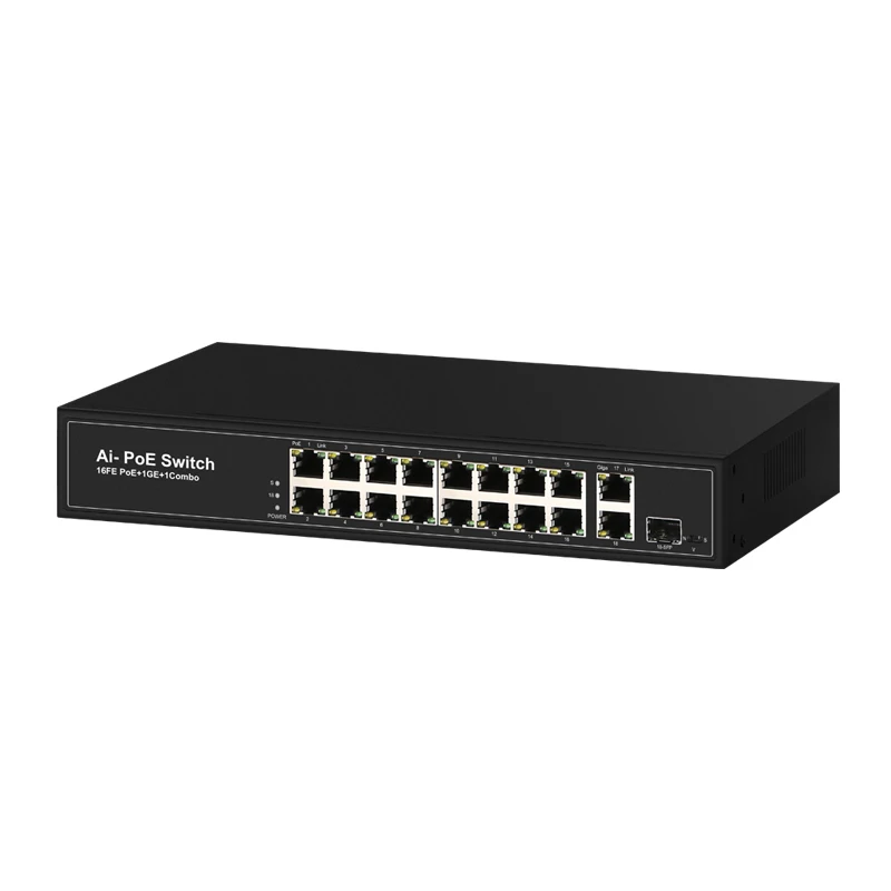 Non managed BT PoE switch, 1 * COMBO+1 * 1000M RJ45 Ports+16 * 100M POE Ports 1-2 ports support IEEE802.3af/at/BT PoE standard