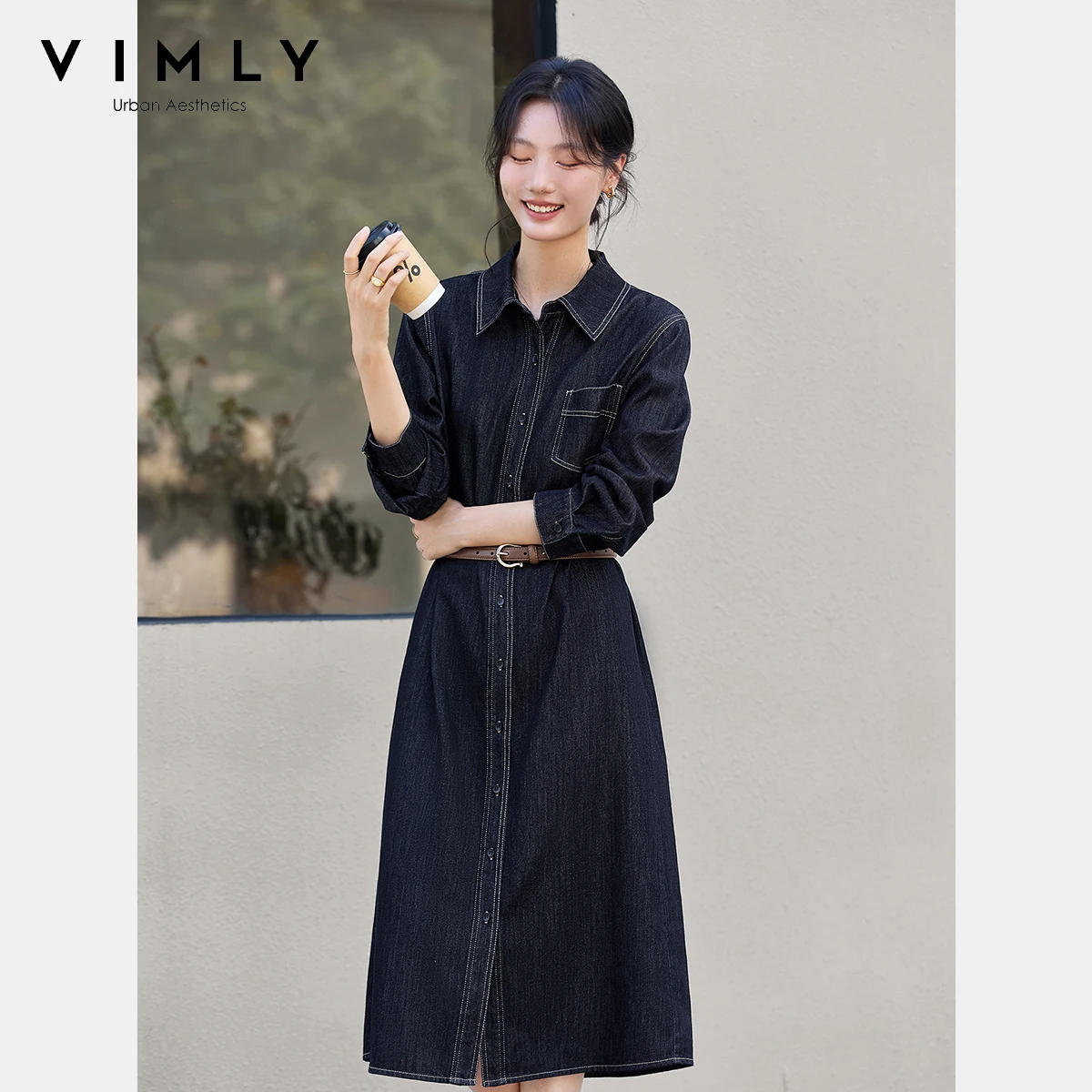 

VIMLY Denim Long Sleeve Midi Dress Autumn 2025 New Elegant Bright Line Decoration Womens Dresses Straight Polo Neck Dress A2832
