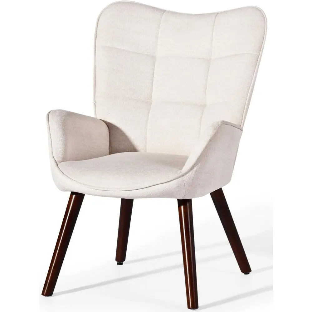 

Elegant High-Back Upholstered Accent Chair with Solid Wood Legs, Comfortable and Stylish for Living Room or Bedroom, Beige/Walnu