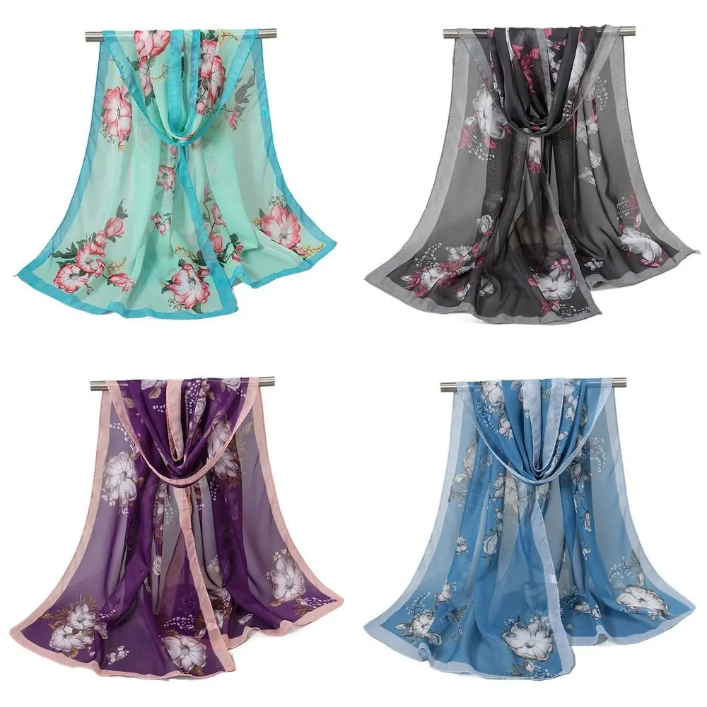 Nuova sciarpa in chiffon con stampa floreale Sciarpe da spiaggia lunghe in seta con scialle morbido e sottile