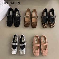 SUOJIALUN 2024 Autumn Women Flat Shoes Fashion Square Toe Shallow Slip On Mary Jane Shoes Soft Sole Outdoor Dress Ballerinas Sh