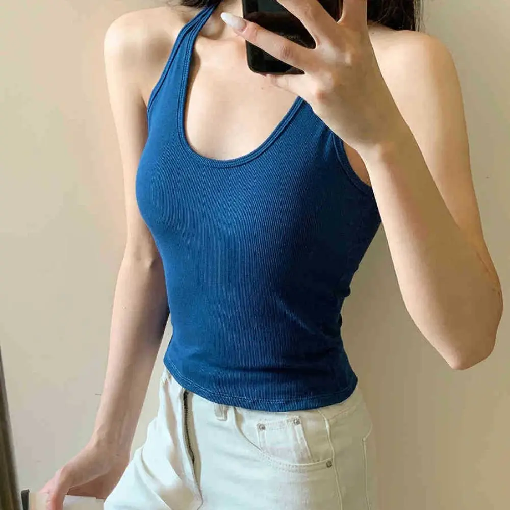 الحلو حار Chinlon النساء الحمالات سترة بلا أكمام الحمالات عادية قصيرة بروتيل عالية تمتد U الرقبة سليم المحاصيل الأعلى الصيف #2