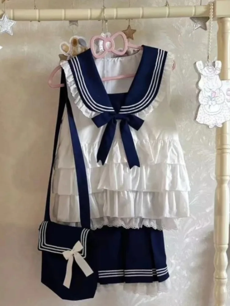 Süßes Elegantes 2-Teiliges Set Damenkleidung Kawaii Matrosenkragen Y2k Design Minirock-Anzüge Damen Schleife Spitze Schick 2026 Sommer-Outfits
