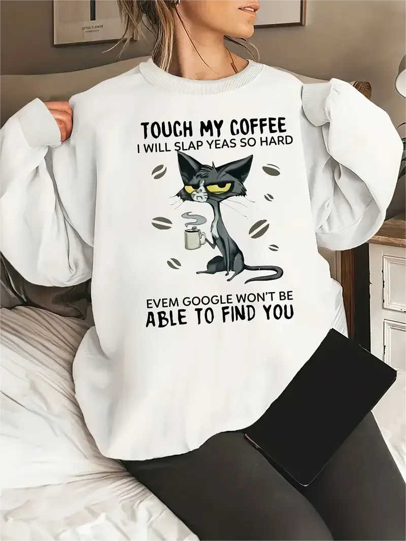 Women's Plus Funny Cat & Slogan Print Long Sleeve Crew Neck Slight Stretch Pullover Sweatshirt Casual Tops