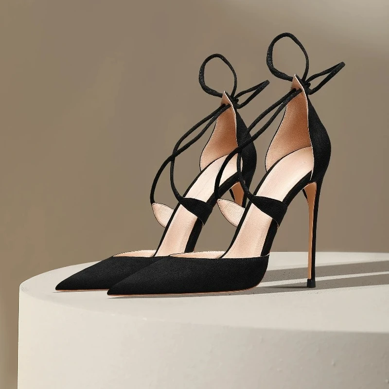 Naked cross strap toe sandals for women in summer, new lace up pointed high heels for women, slim heels, elegant single shoes
