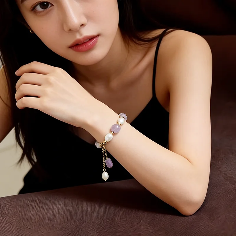Light Purple Natural Stone Crystal Pearl Beads Adjustable Drawstring Bracelets Fashionable Jewelry For Women Wrist Accessorie