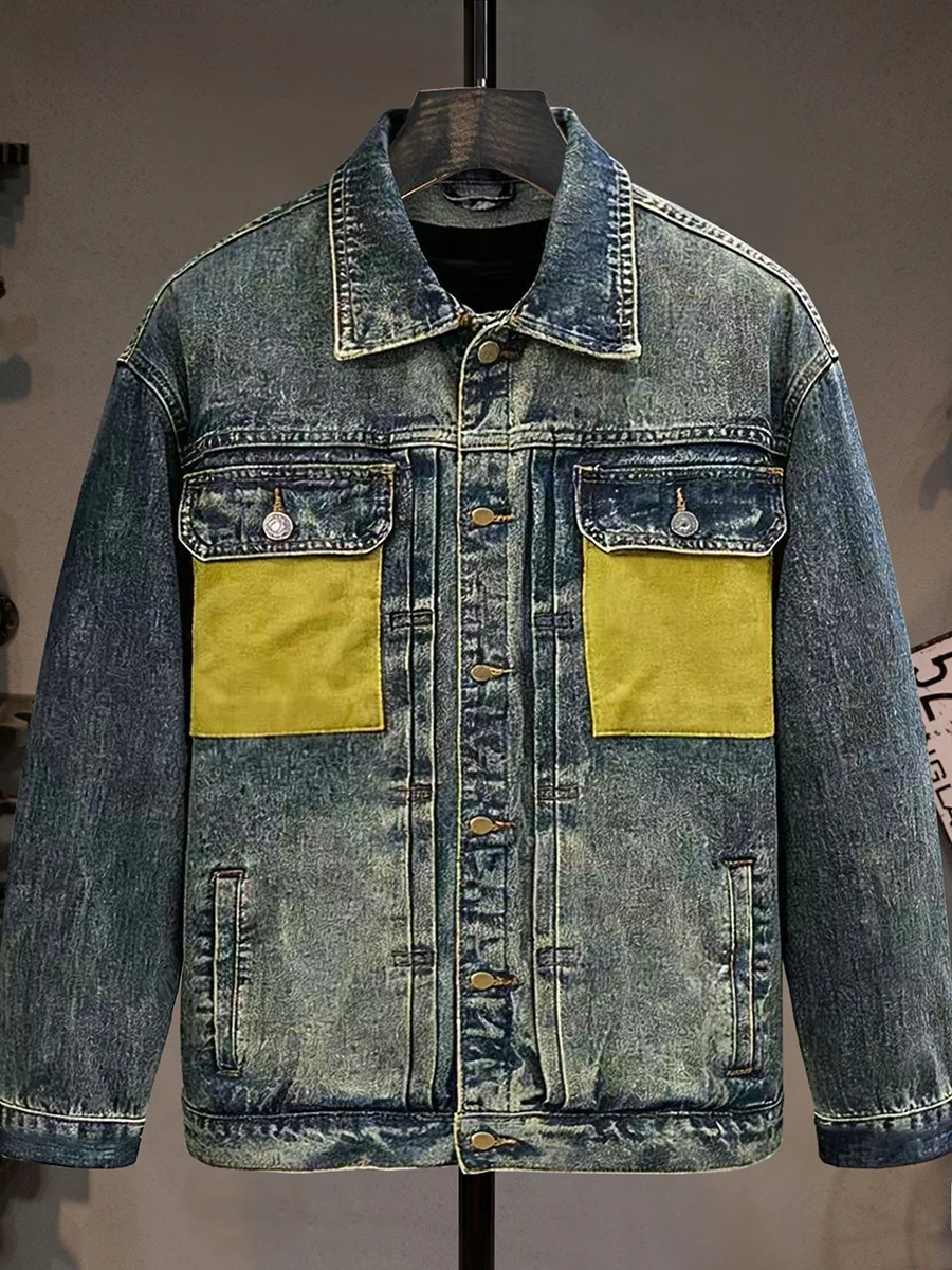 

Hong Kong Sle Casual Retro Patchwork Men's Denim Jaet Multi-ket Leisure Motorcycle Coat Stand Fit Cotton Blend