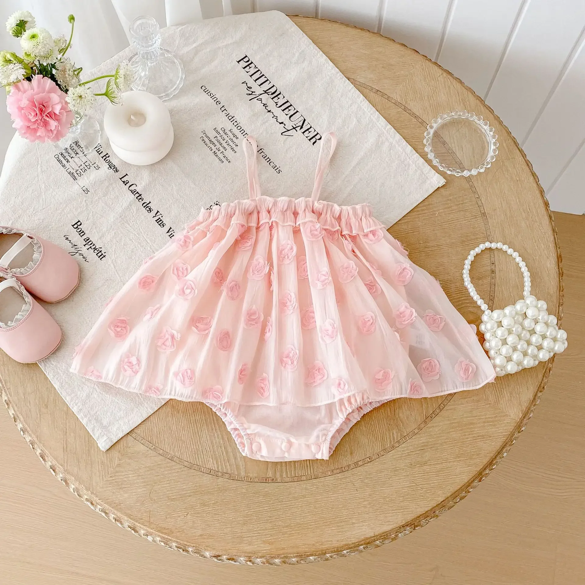 

2025 Summer New Girls Spaghetti Strap Dress Korean Style Princess Dress Pure Cotton 3D Floral Sweet Kids Party Daily Outfit