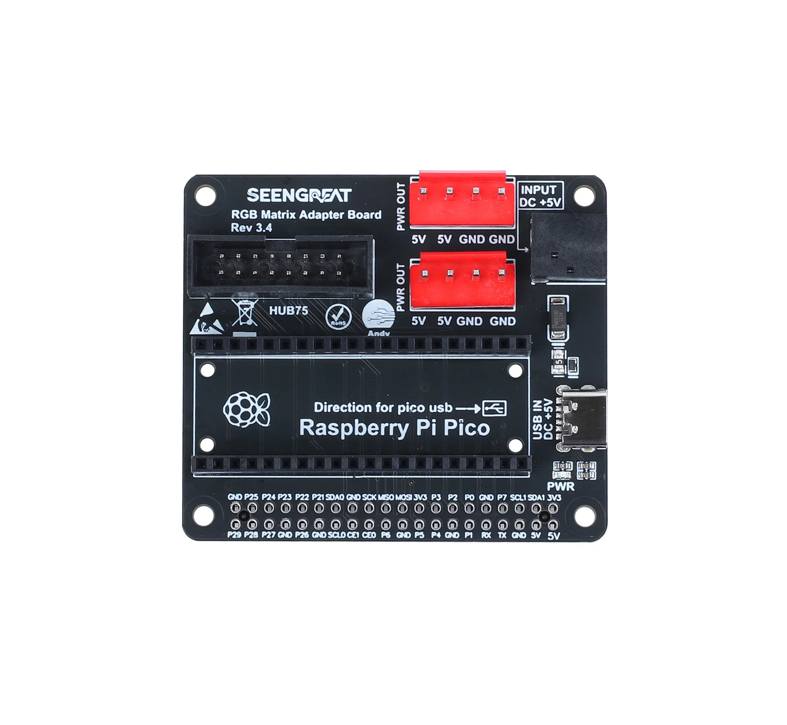 SEENGREAT RGB Matrix Adapter Board for Raspberry Pi Motherboards and Pico with a HUB75 Interface Two Power Input Connectors