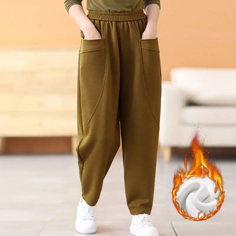 Winter Women Casual Streetwear Vintage Harajuku Fleece Warm Baggy Harem Pants Y2K Female Solid Pockets Loose Sweatpants Pantalon