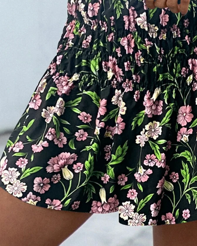 Flower Print High Waisted Elastic Shirt Shorts, Casual Trumpet Shaped Vacation Shorts, Women's Summer High Waisted Shorts