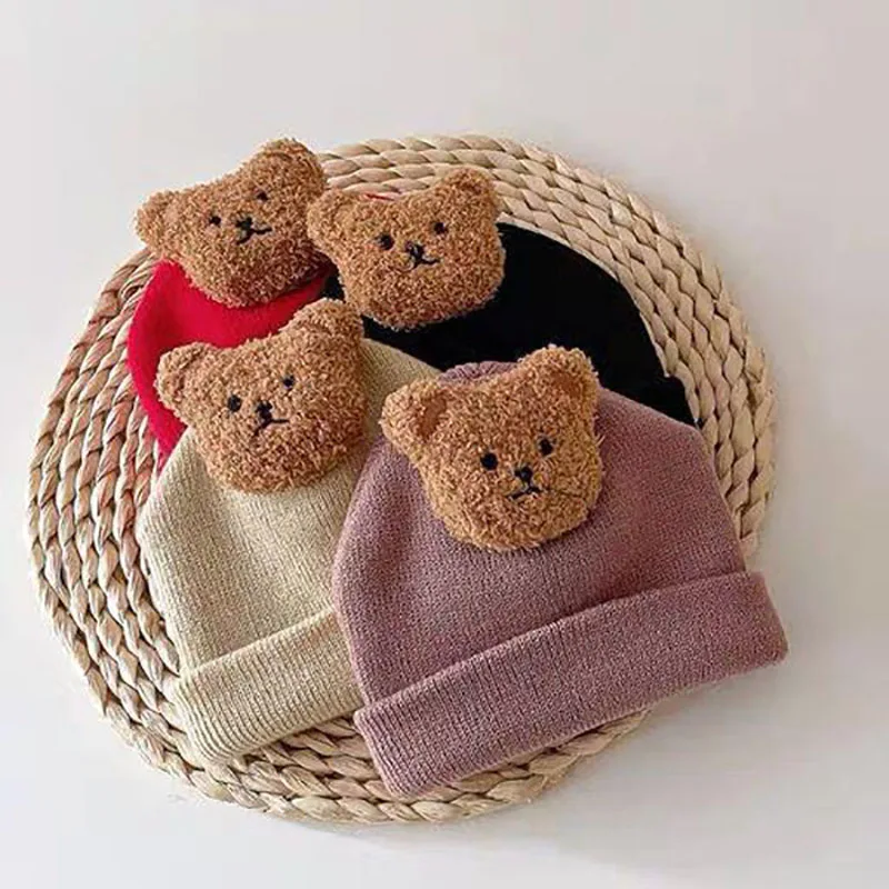 Korean Baby Autumn Winter Hat Cute Bear Knitted Warm Newborn Cap Infant Beanie Solid Color Baby Girl Boy Soft Crochet Hats