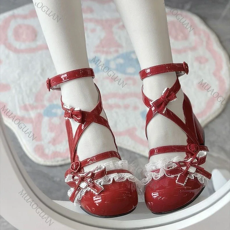 Lolita Red High Heels Cute pumps Shoes spring Autumn Lace Thick high heels Single Shoes Patent Leather Mary Jane Women's Shoes view 4